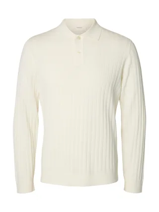 selected men - SLMTORINO LS KNIT RIB POLO NOOS Egret - Gr. - M