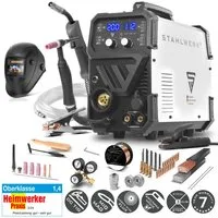 STAHLWERK Inverterschweißgerät Kombi Schweißgerät MTM-200 ST Vollausstattung WIG MIG MAG MMA FLUX, 10 - 200 A, Packung}, 19-tlg., Vollausstattung, mit 200 A und synergischem Drahtvorschub