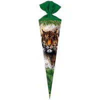 Nestler Schultüte Tiger, 70 cm, rund, mit grünem Filzverschluss, Zuckertüte für Einschulung