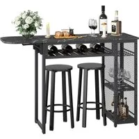 Bestier Bartisch Ausziehbarer Küchentisch mit 2 Hockern (Set, 1 Tisch und 2er-Set Hocker), Weinregal & 3 Ablagen für Küche, Esszimmer