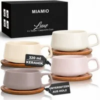 MiaMio Cappuccinotasse Luxe Cream Rose, 8-tlg., Keramik, 320 ml, mit Holzuntersetzern
