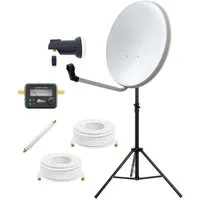 ARLI 60 cm SAT Anlage mit Single LNB Stativ Satfinder 3 m + 7 m Kabel Camping Sat-Anlage (für Balkon Garten), Fensterdurchführung Satellitenschüssel weiss