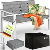 tillvex Gartenbank tillvex® Gartenbank mit Abdeckung & Kissen in Holzoptik bis 300kg (Garten Terrasse Balkon mit waschbarem Bezug, Parkbank in Holzoptik belastbar UV-beständig Sitzbank), Wetterfest 2-3 Sitzer mit Abdeckung & Kissen bis 300 kg