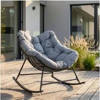 en.casa Schaukelstuhl, outdoor »Villeneuve« mit Kissen 85x90x91 cm Schwarz / Grau