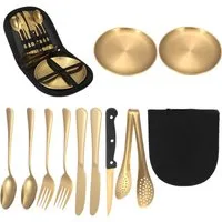 Forrlite Besteck-Set Besteck Set für 2 Personen, 10 teiliges Camping Geschirr Set, Tafelmesser, Essenslöffel, Teegabeln, Aufbewahrungsbeuteln