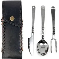 Vehi Mercatus Besteck-Set Besteckset 4-teilig Edeltstahl Fuhrmannsbesteck, schwarze Ledertasche, 1 Personen, Leder, Edelstahl