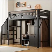 KLAM HOME Hochbett Metall-Hochbett 90 x 200 cm, mit Fenster, Treppe und Sicherheitszaun Genügend Platz unter dem Bett für freien Stoffbezug, Schwarz