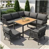 Celya Gartenlounge-Set Siebenpersonen L-förmiges Gartensofa-Set mit geflochtenen Armlehnen, (Inkl. Holz-Couchtisch & Sessel), Wetterfeste Eckgarnitur aus Eisen, Mit Polstern & Kissen, Grau