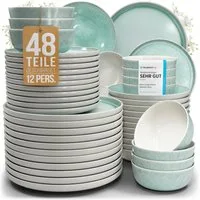 PURE LIVING INTERIOR DESIGN Geschirr-Set Pure Living »Ibiza« (48-tlg), 12 Personen, Steingut, Türkis, 12 Personen, Steingut, Mediterrane Handwerksoptik, Reaktive Glasur – jedes Stück einzigartig…