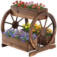 COSTWAY Blumenkasten, Pflanzkübel mit Wagenrad, 3 Pflanzkästen & Ablauflöchern