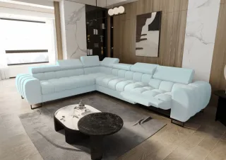 Ecksofa Schlafsofa BASTIEN RELAX in Stoff Aragon Sky Ottomane Links