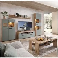 Lomadox Wohnwand FARO-36-REED, (5-St), mit Couchtisch, Eiche mit Schilfgrün, inkl. Beleuchtung