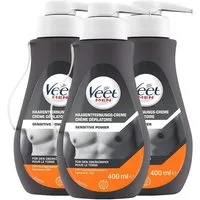 Veet MEN Enthaarungscreme Sensitive Power (3 x 400ml), Spar-Pack, 3 St., Schnelle & effektive Haarentfernung für Männer in nur 5-10 Minuten, im praktisachen Spender mit Spatel