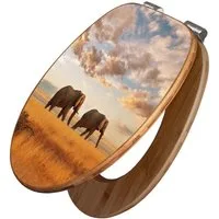 banjado WC-Sitz aus Bambus mit Absenkautomatik Motiv Elefanten (umweltfreundliches Material, integrierte Absenkautomatik), 45,8 x 37,5 x 5 cm