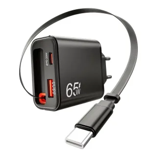 [GaN Tech] PD65W 2-Port USB PD Charger with Type-C Retractable Cable+USB-A+USB-C PD QC3.0 Fast Charging Wall Charger Ada