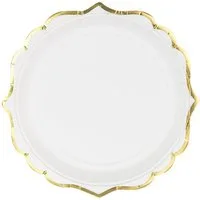 partydeco Pappteller, Pappteller rund mit Ornament Kante 18,5cm weiß gold 6er Set