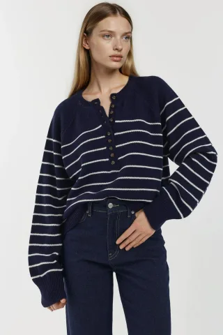 Knopf Detaillierter Gestreifter Lockere Passform Pullover