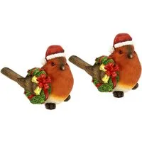 I.GE.A. Weihnachtsfigur Weihnachtsvogel mit Kranz und Mütze, 2er Set, Höhe ca. 10 cm (Set, 2 St), Dekofigur aus Polyresin, Weihnachtsdeko, Tierfigur