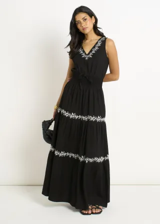 Schwarzes Maxikleid mit Blumenstickerei und Stufenrock