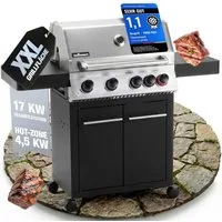 Flammenwerk Gasgrill Grill 4+1 Brenner – 17kW Gesamtleistung, LED-Beleuchtung, Hot Zone & Seitenkochfeld + Gusseisen Grillrost