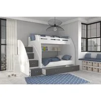 thematys Etagenbett oben 90x200 / unten 120x200cm, Treppe und Ausziehbett für 3 Kinder (Optional mit 2 Matratzen, Stockbett aus Holz, Treppe beidseitig montierbar)