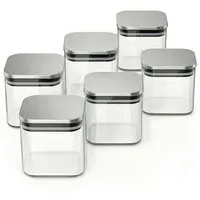 Arendo Aufbewahrungsbecher Glasbehälter-Set 6x 0,8 L Borosilikatglas mit Edelstahldeckel, Borosilikatglas, Edelstahl, Silikon, (Vorratsbehälter-Set, 6-tlg., 6er Set), Hitzebeständig, umweltfreundlich, langlebig, mikrowellengeeignet