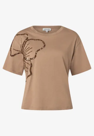 MORE & MORE - T-Shirt mit Pailletten-Blume und Rundhalsausschnitt braun - Gr. - 38