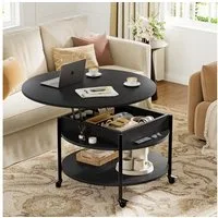 FABATO Couchtisch Runder Couchtisch mit Höhenverstellung, Rädern und Staufach (1-St), ideal für Wohnzimmer, in Schwarz