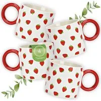 matches21 HOME & HOBBY Tasse Kaffeetassen Erdbeer Dekor, 4er Set Kaffeetasse Weiß Gelb, 4-tlg., Porzellan, Bunte Obst Frühstückstasse 330 ml
