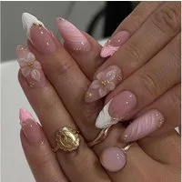 LuxusKollektion Kunstfingernägel Press On Nägel Mandel Pink French 3D Blumen Gold Glitzer style-10