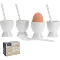 Koopman Eierbecher Eierbehälter Porzellan Weiß Becher + Löffel 8tlg, (Stück, 8-tlg., Packung), Set, Keramik, Ø5cm, 4 Becher, 4 Löffel