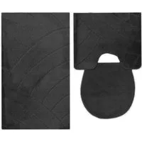 ROLFNERS Badematte 3 tlg Badematte Badezimmerteppich Badteppich Set Schwarz, rutschfest, rutschhemmend, weicher Flor, schnell trocknend, fußbodenheizungsgeeignet, Polypropylen, Florhöhe ca. 15 mm, waschbar bis max. 30°C, rutschfest