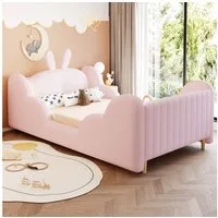 Merax Polsterbett (1-tlg., gepolstertes Plattformbett Bodenbett aus Teddysamt), Kinderbett 90x200 mit Lattenrost, Kaninchenkissen und Rausfallschutz