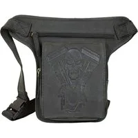 MDM Beintasche Biker Beintasche Hüft-, Gürteltasche mit Totenkopf Motorblock-Prägung, Im Vintage Look bearbeitet