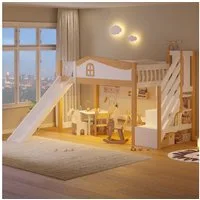 Flieks Hochbett Kinderbett 90x200cm mit Stauraumtreppe, Rutsche, LED-Lichtleiste