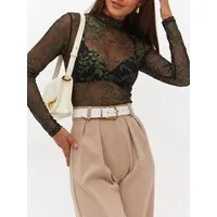 Elegant Love Langarmshirt Durchsichtiges Damen Mesh-Shirt mit floraler Spitze, Party-Top Figurbetontes Ausgeh-Oberteil mit Rundhals für Party & Club