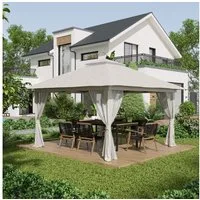 Outsunny Faltpavillon ca. 4 x 4 m Pavillon mit 4 Netzvorhängen, Gartenpavillon mit UV-Schutz, mit 4 Seitenteilen, (Bierzelt, Partyzelt), für Garten, Balkon, Cremeweiß