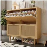 Flieks Schuhschrank mit 4 Rattan-Klappen und Metallgriffen (B100/T25/H90,3 cm, 1-St., ca 16 Paar Schuhe) Schuhregal Schuhkipper Schuhkommode Holz, Massivholzbeine