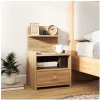 HOMCOM Nachttisch Nachtschrank mit offenen Ablage, Fach, Schublade (Nachttisch, 1-St., Nachtkommode), für Schlafzimmer, Wohnzimmer, 40 x 35 x 66 cm, Naturholz
