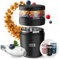 Lebenlang Aufbewahrungsbecher Müslibecher, Isolierende Edelstahlinnenwand, ToGo mit Löffel & 650ml, Edelstahl/Kunststoff, (500ml Becher, 150ml Aufsatz, Drehvershluss, faltbarer Löffel), Auslaufsicher & Perfekt für Schule, Kita, Büro oder Uni