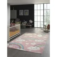 TeppichHome24 Kinderteppich Kinderteppich Regenbogen mit Wolken und Herzen in rosa, rechteckig, Höhe: 13 mm