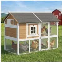 PawHut Hühnerstall Hühnerhaus mit Auslauf Nistkasten herausziehbarem Tablett Asphaltdach, aus Holz für 4 Hühner 200 x 104 x 145 cm Braun