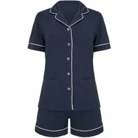 SNOOZE OFF Shorty Damen Pyjama aus Baumwolle in Marineblau mit Kontrastpaspel (Set, 1 Stück) Kurzarm Schlafanzug mit Knopfleiste & Shorts
