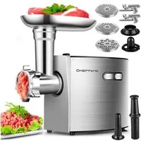 CHEFFANO Fleischwolf Fleischwolf Edelstahl, 3 Lochscheiben, 2 Klingen & Wurstbefüller, 350 W