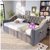 Odikalo Schlafsofa Schlafcouch 90x190 mit Lattenrost & USB Ohne Matratze, Polsterbett Schlafsofa, 90/180*190 cm, Breitere und Dickere Armlehnen mit USB-Ladeanschluss, Integrierte Ablage in den Armlehnen, Mit Ablagetaschen, Mit Lattenrost, Samtstoff, 