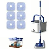 HEYHIPPO Wischmopp-Set Rotationsmopp-Set mit 2-Kammer-Eimer &6 Mikrofaserpads,Stiel 109–130cm, (Spin Mop Set mit Eimer, Faltbarer Quadrat-Mopp, handfrei, für schwer erreichbare Ecken), Spin-Mopp mit Schmutz- & Klarwassertrennung – inkl. Teleskopstiel