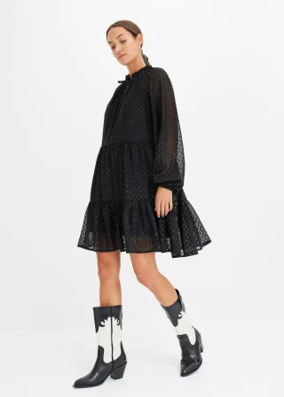bonprix Tunika-Kleid mit Glitzereffekt, schwarz, Gr.36, Tunikakleid mit Bindeband am Ausschnitt, Volants und elastischen Ärmelabschlüssen
