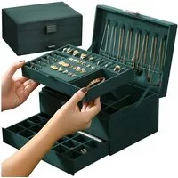 soulima Schmuckkasten Schmuckschatulle Schmuckbox Etui Schmuckkästchen (Spar-Set, 1 St., 3-Ebenen Box), 8 Kettenaufhänger, 15 Ringplätze, 18 Ohrringplätze, Uhrenfach