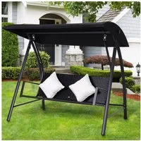 Outsunny Hollywoodschaukel Polyrattan mit Kissen belastbar bis 360kg, 3-Sitzer, Bettfunktion, Rattenschaukel, 1 tlg., Schaukel, Metall Schwarz 198B x 124T x 179H cm