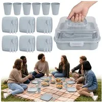 Sarcia.eu Geschirr-Set Graues Picknick-Set, Campinggeschirr-Set im Behälter, 32 Teile